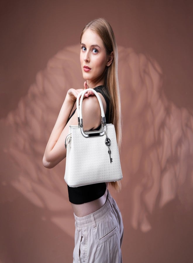 SANTORINI Élysée Women’s Textured small Satchel Bag | Multi-Compartment Design with Detachable Sling Strap & Charm - Premium Small Handbag for women (White) - Image 5